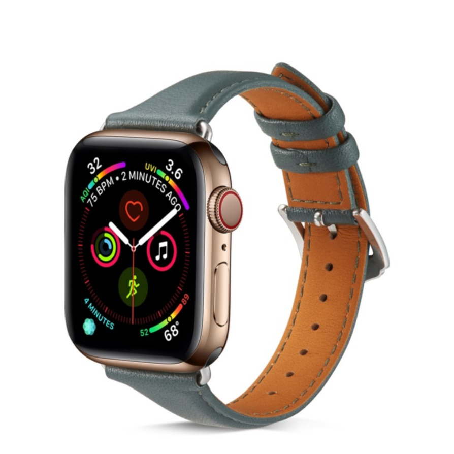 Image of Apple Watch (45/44/42 mm) Echtleder Ersatz Armband Slim mit Dornschliesse (Gelenkumfang: 175-215mm) - Dunkelgrün / Silber bei Apfelkiste.ch