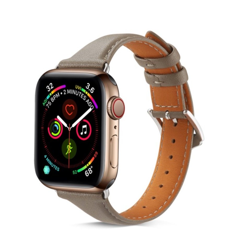 Image of Apple Watch (45/44/42 mm) Echtleder Ersatz Armband Slim mit Dornschliesse (Gelenkumfang: 175-215mm) - Grau / Silber bei Apfelkiste.ch