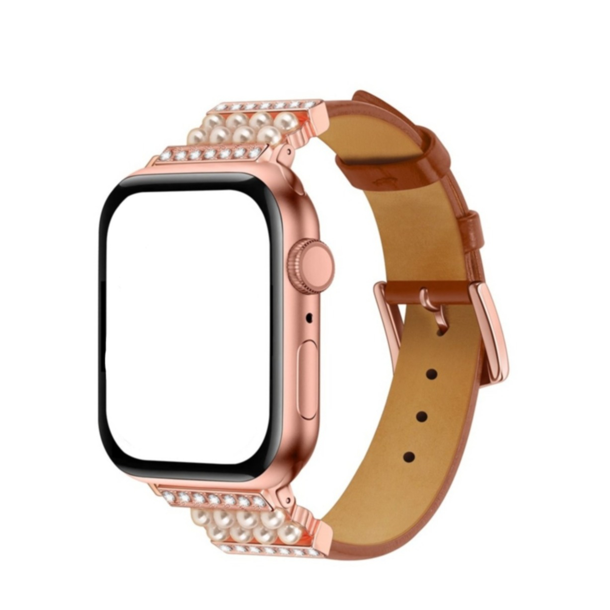 Image of Apple Watch (45/44/42 mm) Ersatz Echtleder Armband Strasssteine (Gelenkumfang: 175-210mm) - Braun bei Apfelkiste.ch