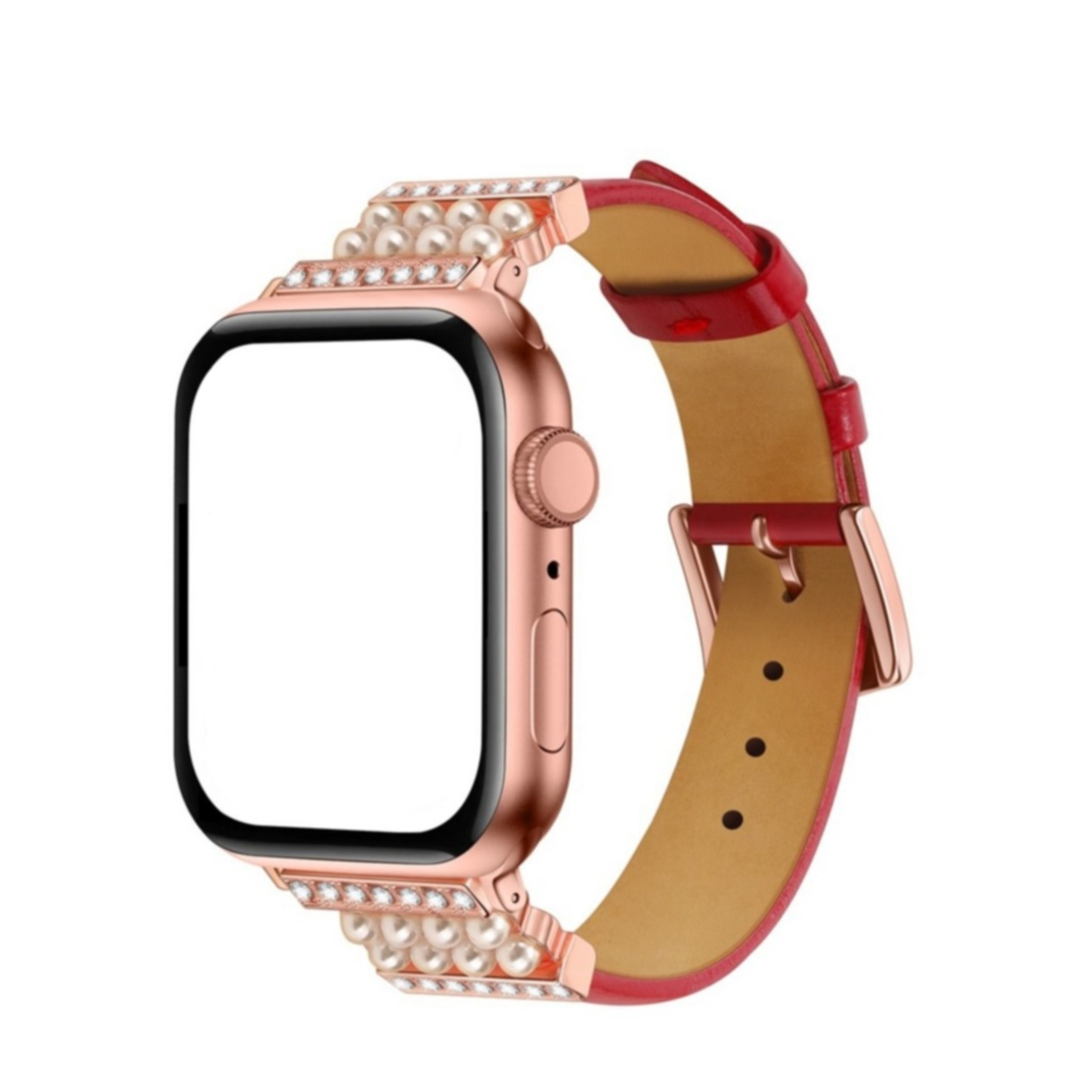 Image of Apple Watch (45/44/42 mm) Ersatz Echtleder Armband Strasssteine (Gelenkumfang: 175-210mm) - Rot bei Apfelkiste.ch