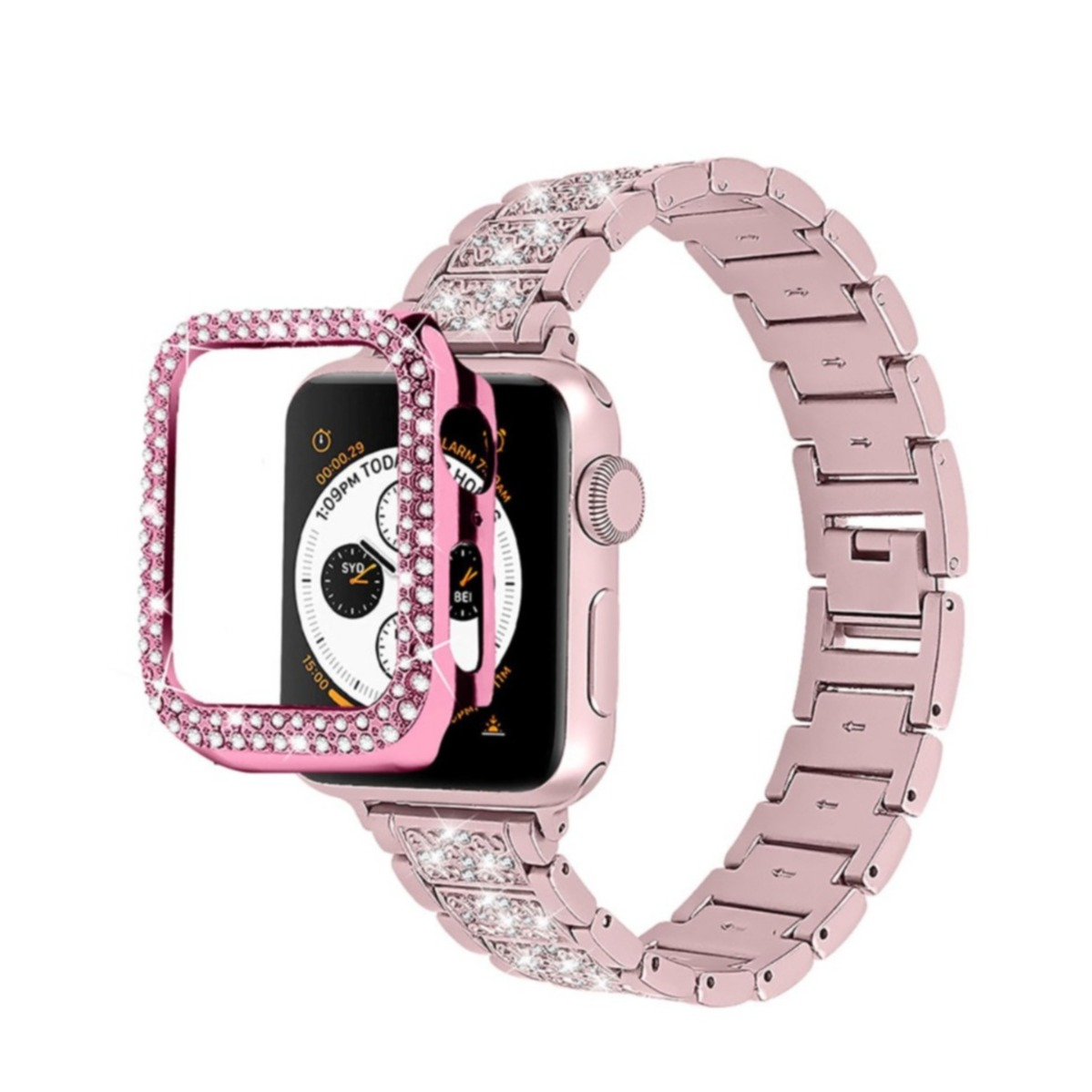 Image of Apple Watch Series 7 (41 mm) Glitzer Edelstahl Armband mit Bumper Hülle - Pink bei Apfelkiste.ch