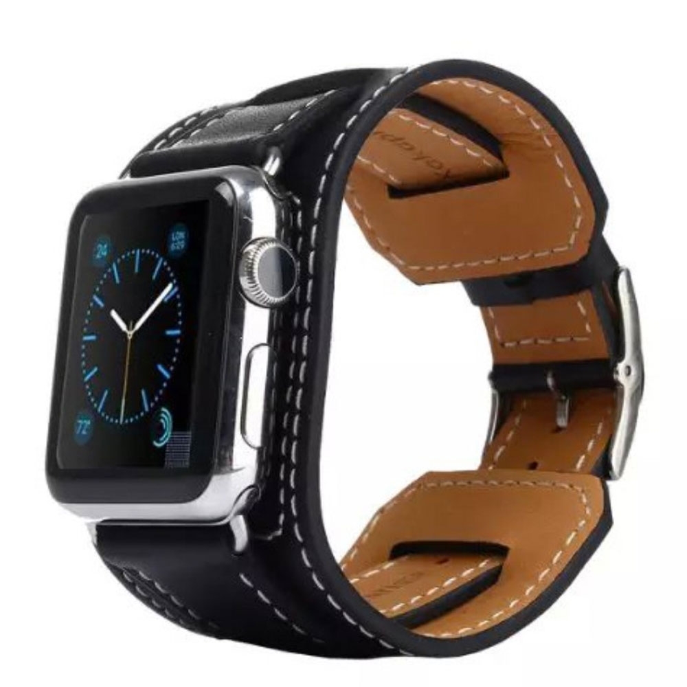 Apple Watch (42 mm / 44 mm) Modisches Manschetten Ersatz Echtleder Armband - Schwarz