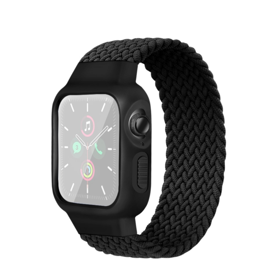 Image of (Gr. M) Apple Watch (42 mm / 44 mm) Elastisches Geflochtenes Nylon Gummi Armband + Bumper (Gelenkumfang Ø 160mm) - Schwarz bei Apfelkiste.ch