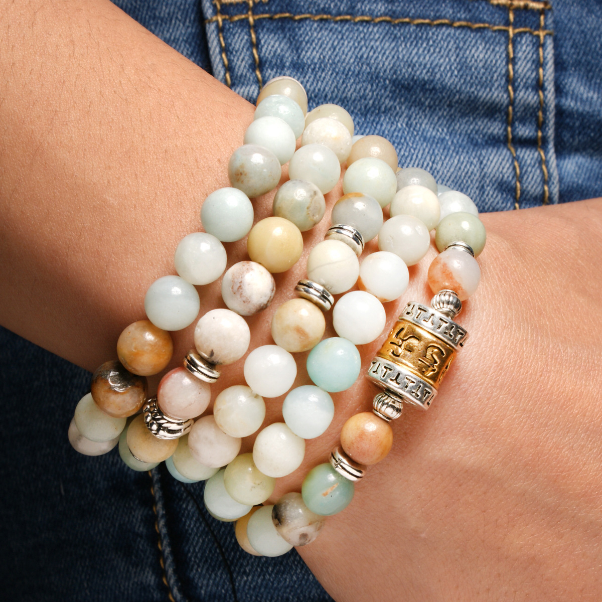 Image of Damen und Herren Armband Perlenkette Tibetische Muster - Weiss / Blau bei Apfelkiste.ch