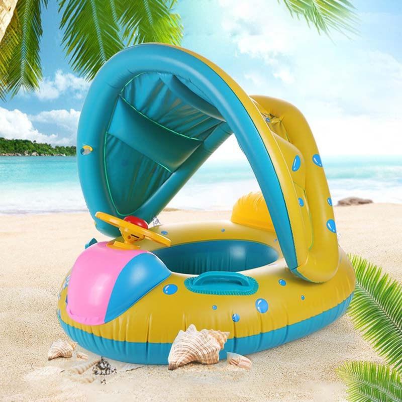 Image of Aufblasbare Baby Schwimmhilfe Pool Sitz Wasser Ring inkl. Abnehmbarem Sonnendach - Blau / Gelb bei Apfelkiste.ch