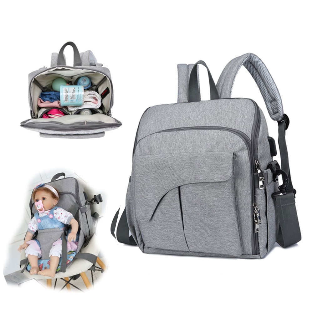 Baby Rucksack (36cm) Wickeltasche mit Reise Kinderstuhl & USB Anschluss - Grau