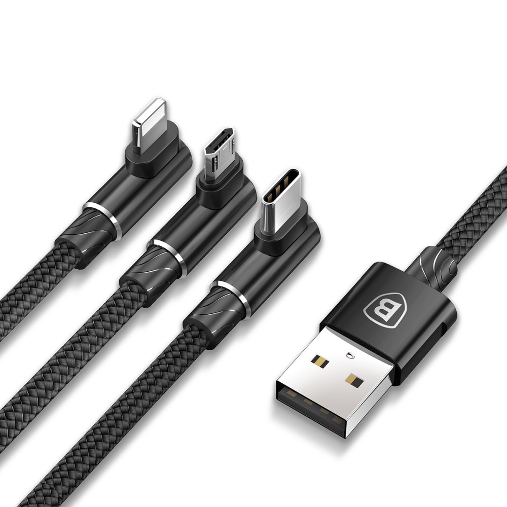 Image of Baseus - (1.2m) 3in1 Elbow USB Ladekabel 3.5A Nylon Geflecht - Apple Lightning / Micro USB / USB C - Schwarz bei Apfelkiste.ch