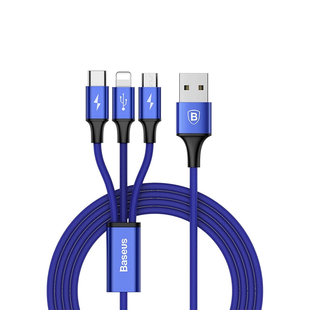 Image of Baseus - (1.2m) 3in1 USB Rapid Series Ladekabel Nylon Geflecht 3A - Apple Lightning / Micro USB / USB C - Blau bei Apfelkiste.ch