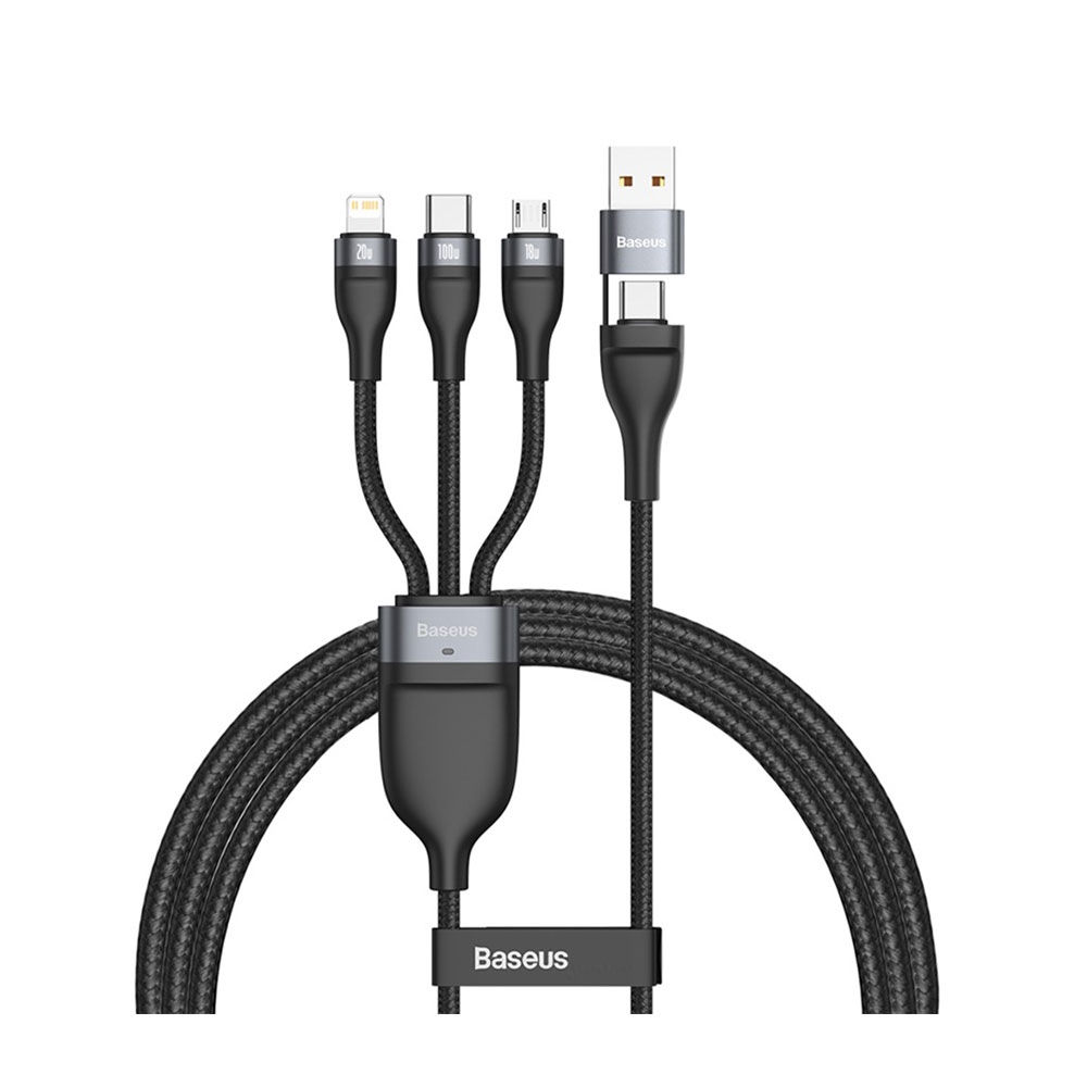 Image of Baseus - (1.2m) 4in1 USB / USB C Flash Series Ladekabel Nylon Geflecht 2.4A - Apple Lightning / Micro USB / USB C - Schwarz bei Apfelkiste.ch