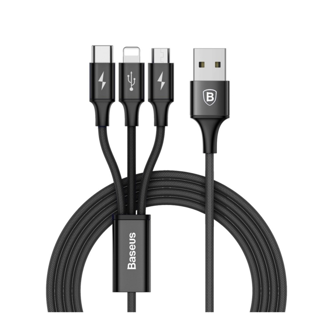 Image of Baseus - (1.2m) 3in1 USB Rapid Series Ladekabel Nylon Geflecht 3A - Apple Lightning / Micro USB / USB C - Schwarz bei Apfelkiste.ch