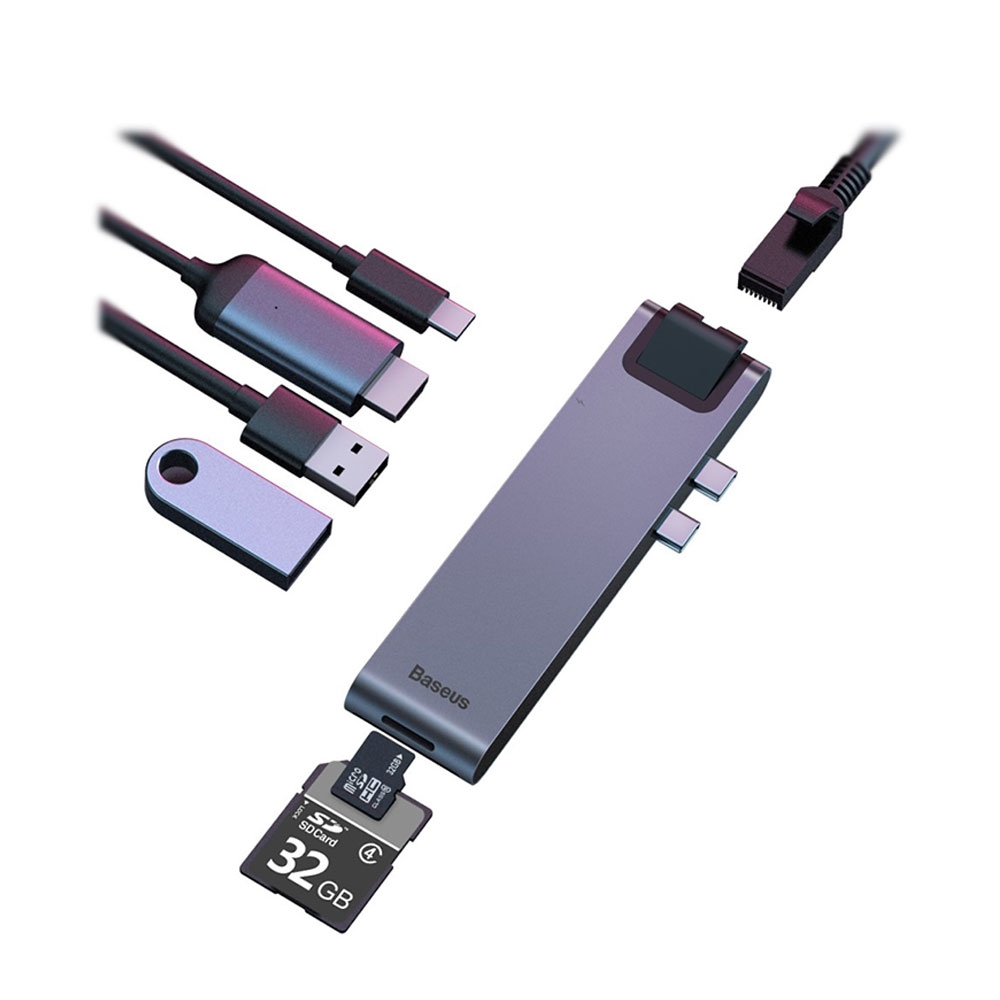 Image of Baseus - USB C Multiport Adapter mit USB C / 4K HDMI @30Hz / 2x USB 3.0 / Gigabit Ethernet / SD / Micro SD Kartenlesegerät - Grau bei Apfelkiste.ch