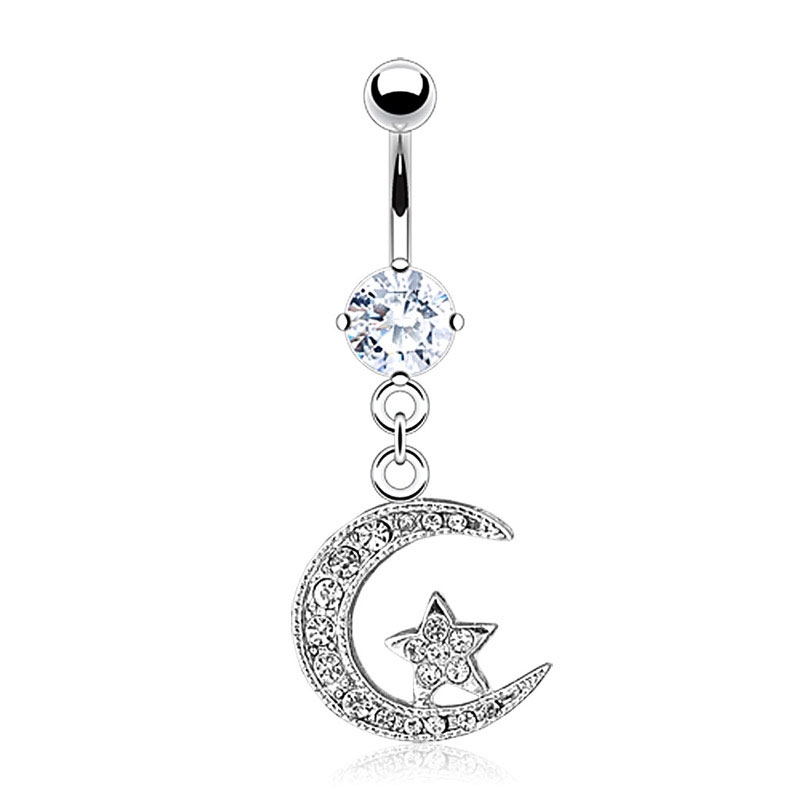 Image of Chirurgenstahl Bauchnabelpiercing mit Anhänger Mond und Sterne - Silber bei Apfelkiste.ch