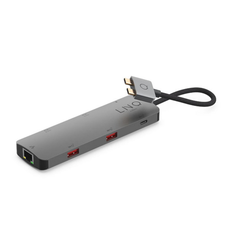Image of 7in2 LINQ - (100W) D2 Pro Dual USB C Multiport Adapter mit 2x 4K HDMI 60Hz / 2x USB 3.2 / 2x USB C (PD) / Gigabit LAN (LQ48011) - Grau bei Apfelkiste.ch