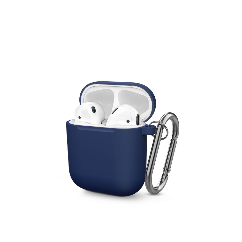 Image of AirPods (1. & 2. Generation) Silikon Schutzhülle Abdeckung mit Karabinerhaken - Dunkelblau bei Apfelkiste.ch