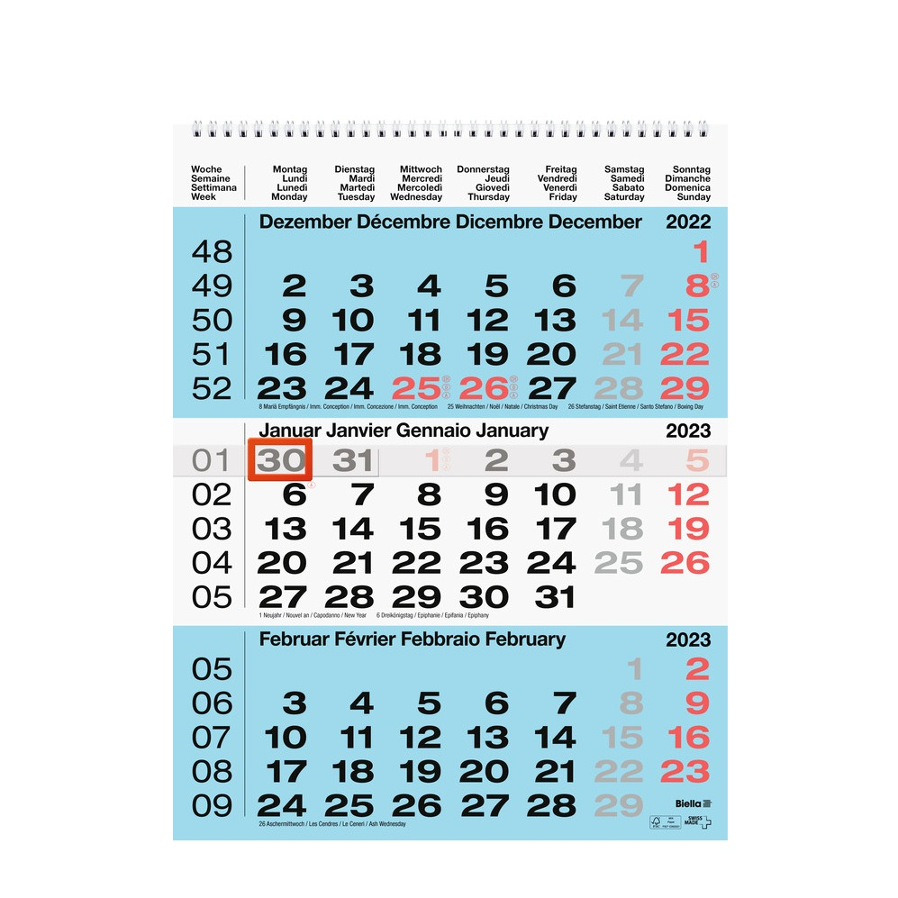 Image of Biella - (31x40cm) 3-Monatskalender 2023 Wandplaner mit Datumschieber (889020050023U) - Blau / Weiss bei Apfelkiste.ch