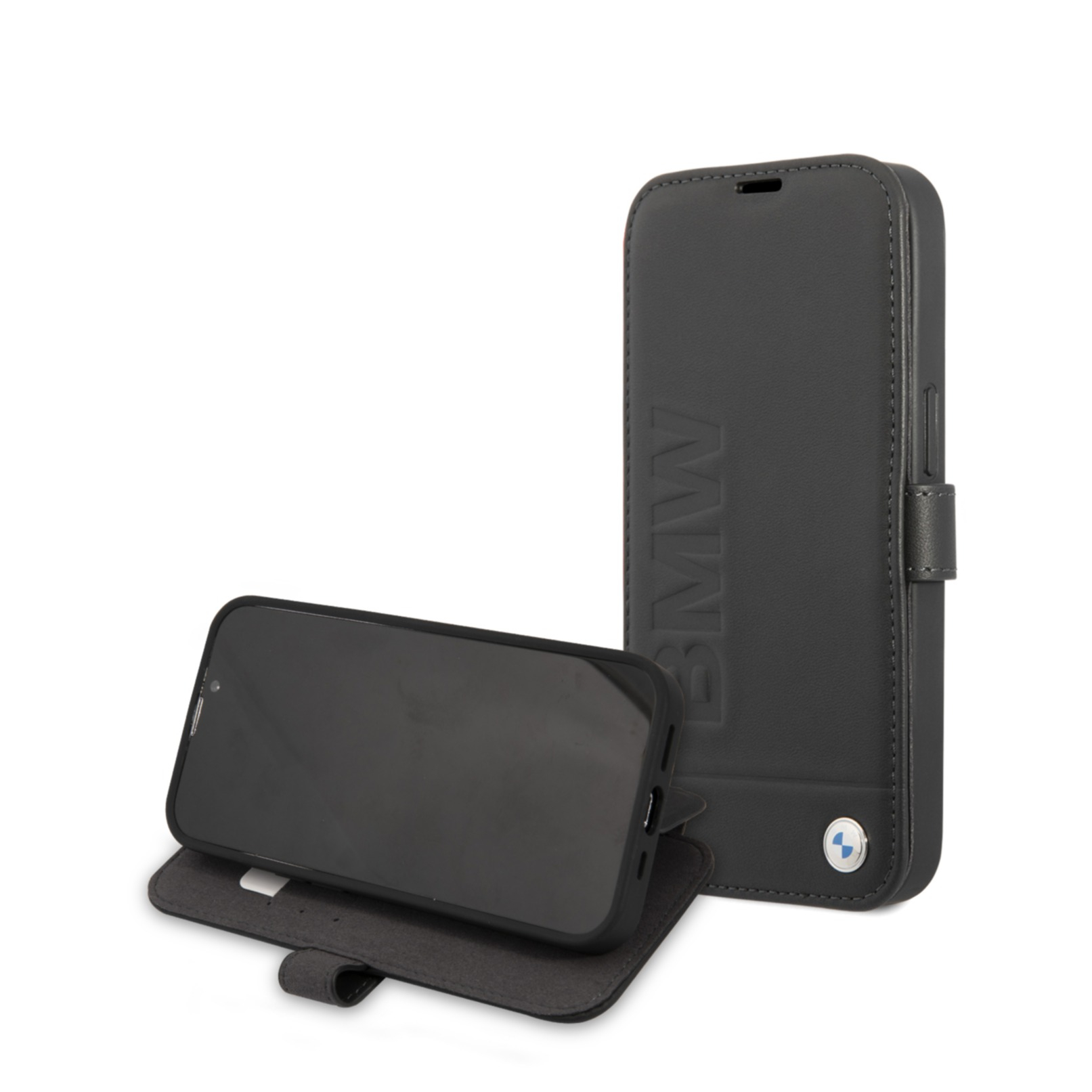Image of BMW - iPhone 13 Pro Max Echtleder Tasche Flipcover Imprint (BMFLBKP13XSLLBK) - Schwarz bei Apfelkiste.ch