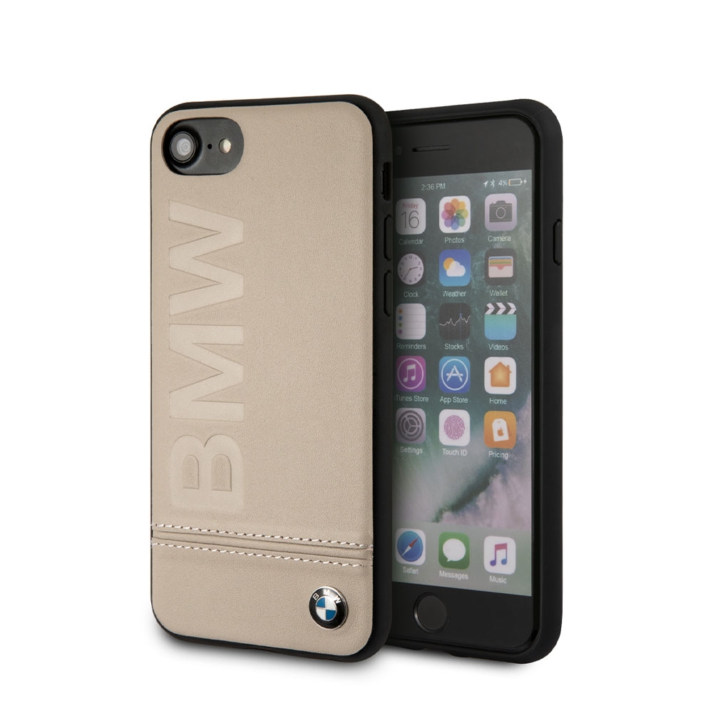 Image of BMW - iPhone SE (2022/2020) / 8 / 7 / 6S Echtleder Hülle Imprint (BMHCI8LLST) - Taupe bei Apfelkiste.ch