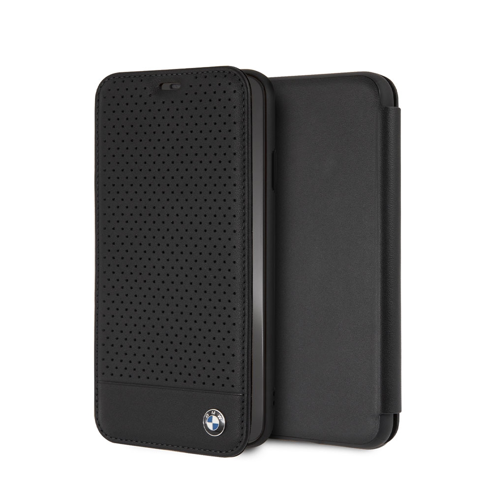Image of BMW - iPhone Xs Max Echtleder Tasche Flipcover Perforated (BMFLBKI65PEBOBK) - Schwarz bei Apfelkiste.ch