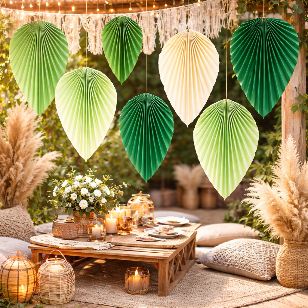 (9er Set) Papier Fächer Boho Blätter Deko Grün