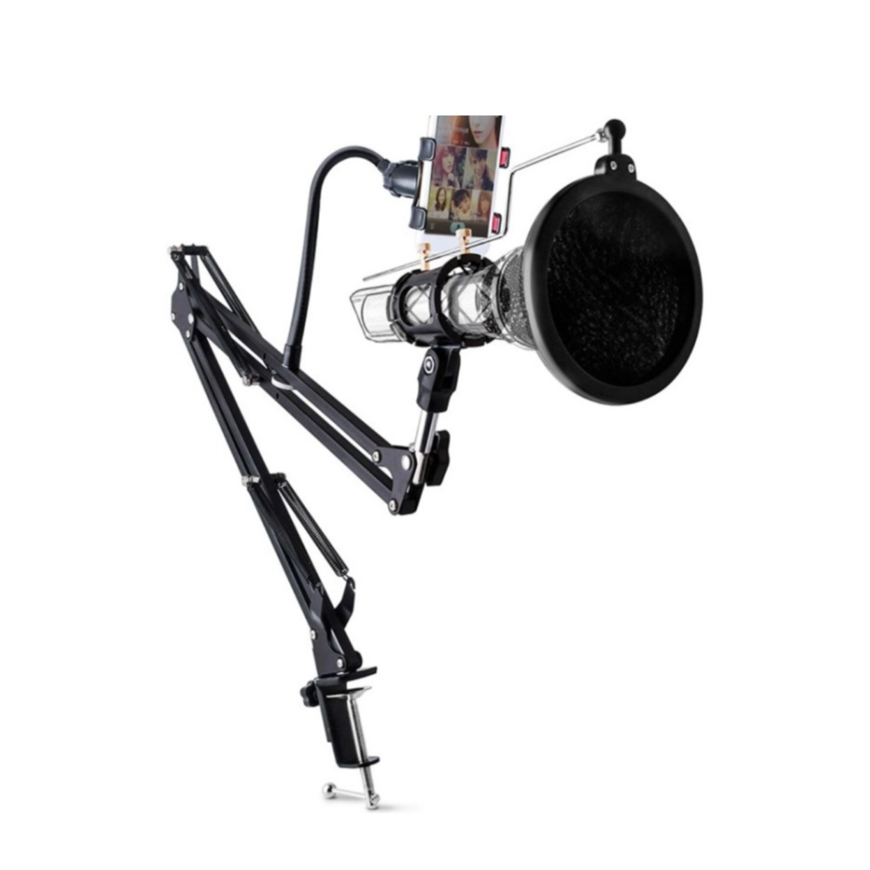 Image of (7-tlg. Set) Alu Scherenarm Mikrofon Halterung mit integriertem Pop-Filter und Handyklemme - Schwarz bei Apfelkiste.ch