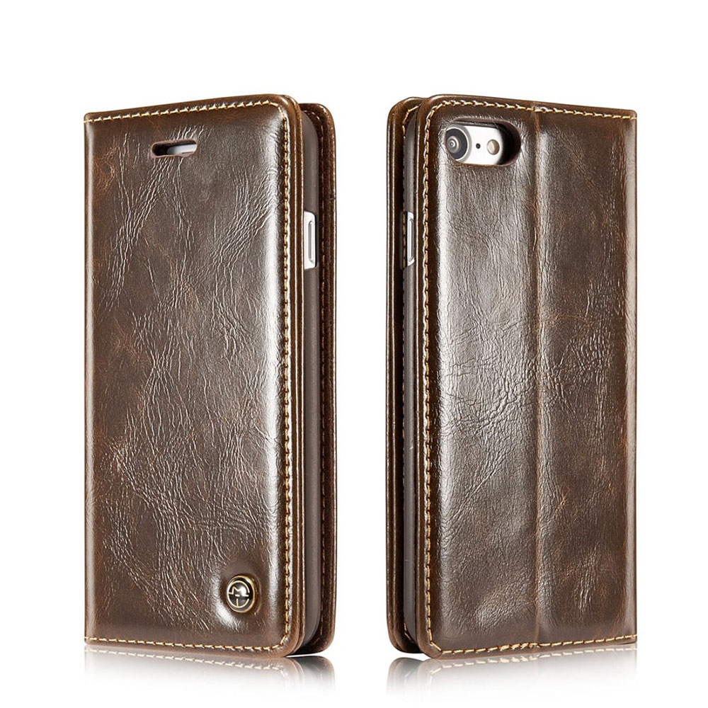 Image of Caseme - iPhone SE (2022/2020) / 8 / 7 Echtleder Tasche Flip Cover mit Kartenfach - Dunkelbraun bei Apfelkiste.ch