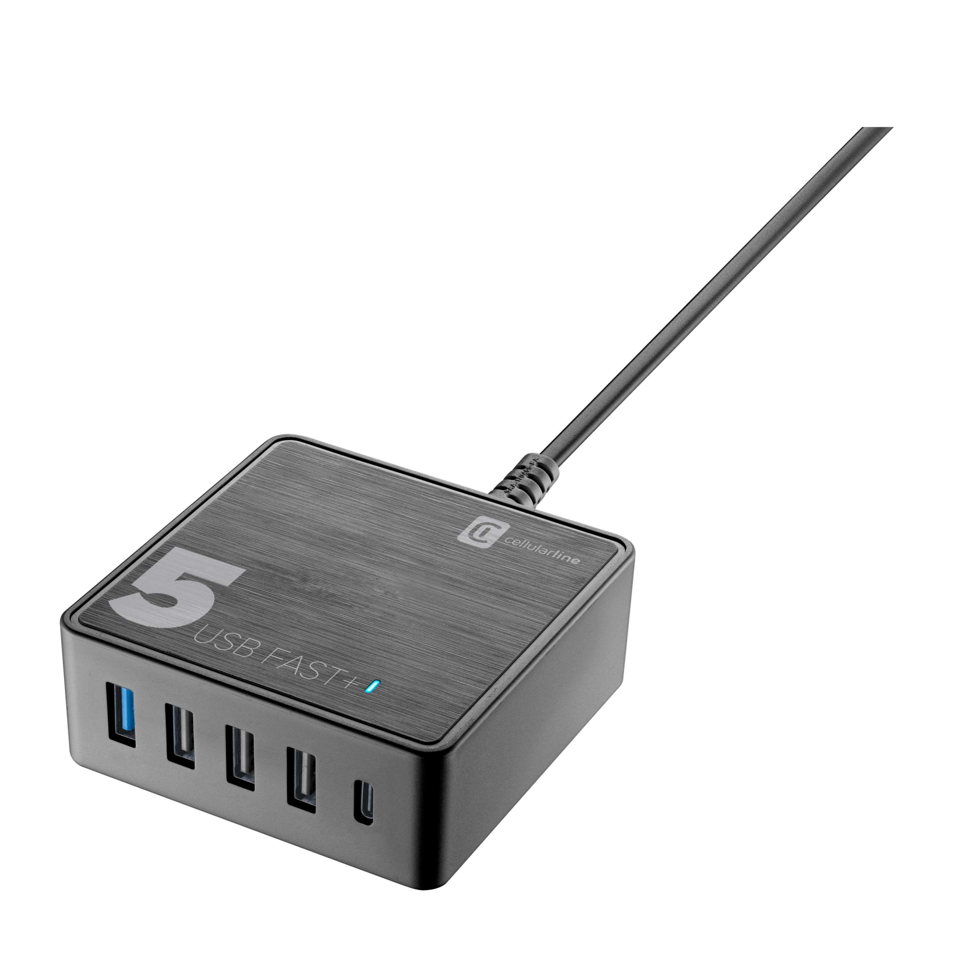 Image of Cellularline - (60W) 4x USB / 1x USB C Quick Charge Ladegerät Power Delivery Netzteil (ACHUSB5QCPD60WK) - Schwarz bei Apfelkiste.ch