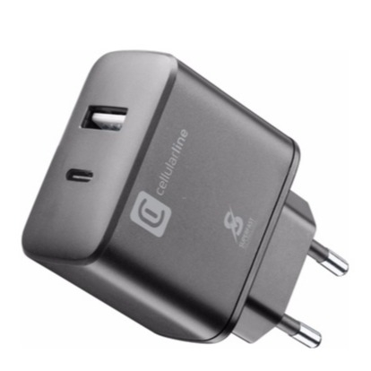 Image of Cellularline - (25W) USB / USB C Fast Charge Ladegerät Power Delivery Netzteil (ACHSMUSB2PD25WK) - Schwarz bei Apfelkiste.ch