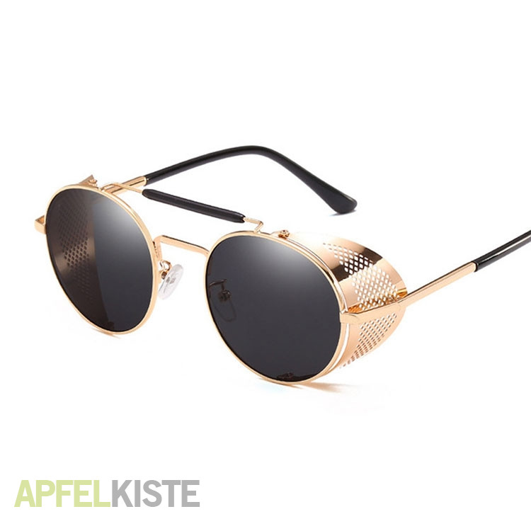 Schwarz Steampunk Brille Cyber 50s Rund Retro Vintage Brille Sonnenbrille UV400