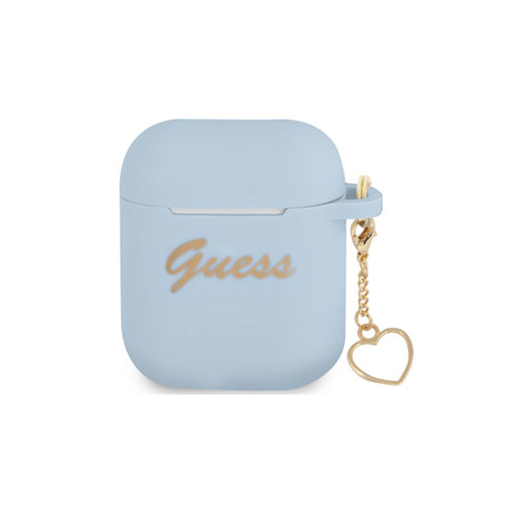 Image of Guess - AirPods (1. & 2. Generation) Silikon Schutzhülle + Herz Anhänger (GUA2LSCHSB) - Blau / Gold bei Apfelkiste.ch