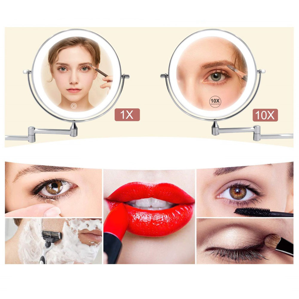 Beleuchteter Make-up-Spiegel Mit 5x Vergrößerung – Wandmontiert, Dimmbar, Ausziehbarer Schwenkarm