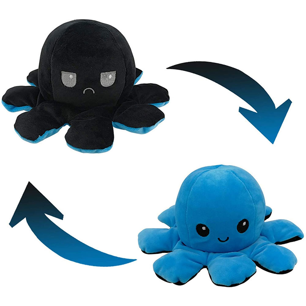 glücklich/sauer Reversibles Oktopus Plüschtier Hellblau/Blau doppelseitig 