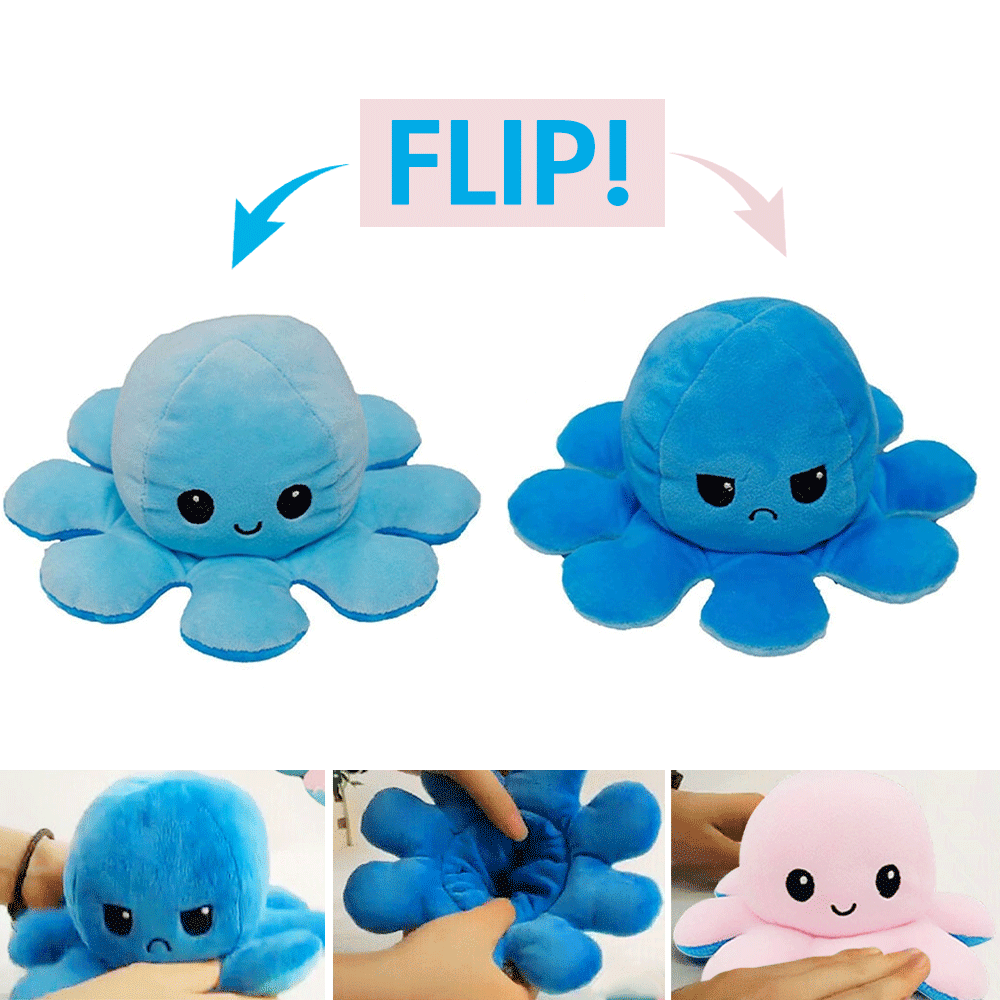 Reversibles Oktopus Plüschtier Hellblau/Blau doppelseitig glücklich/sauer 