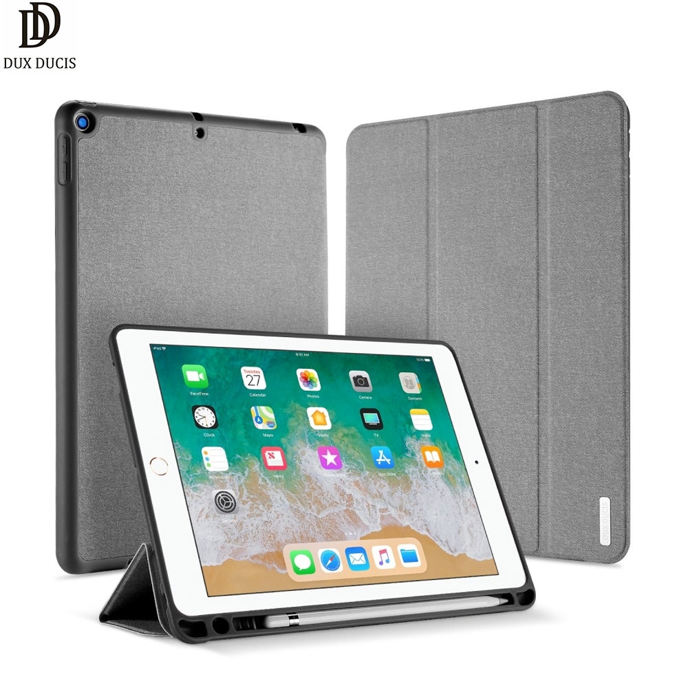 iPad 9.7" (2018/2017) Tasche Smart Cover Gummi Schutzhülle Stoff Design mit Apple Pencil Halter - Grau