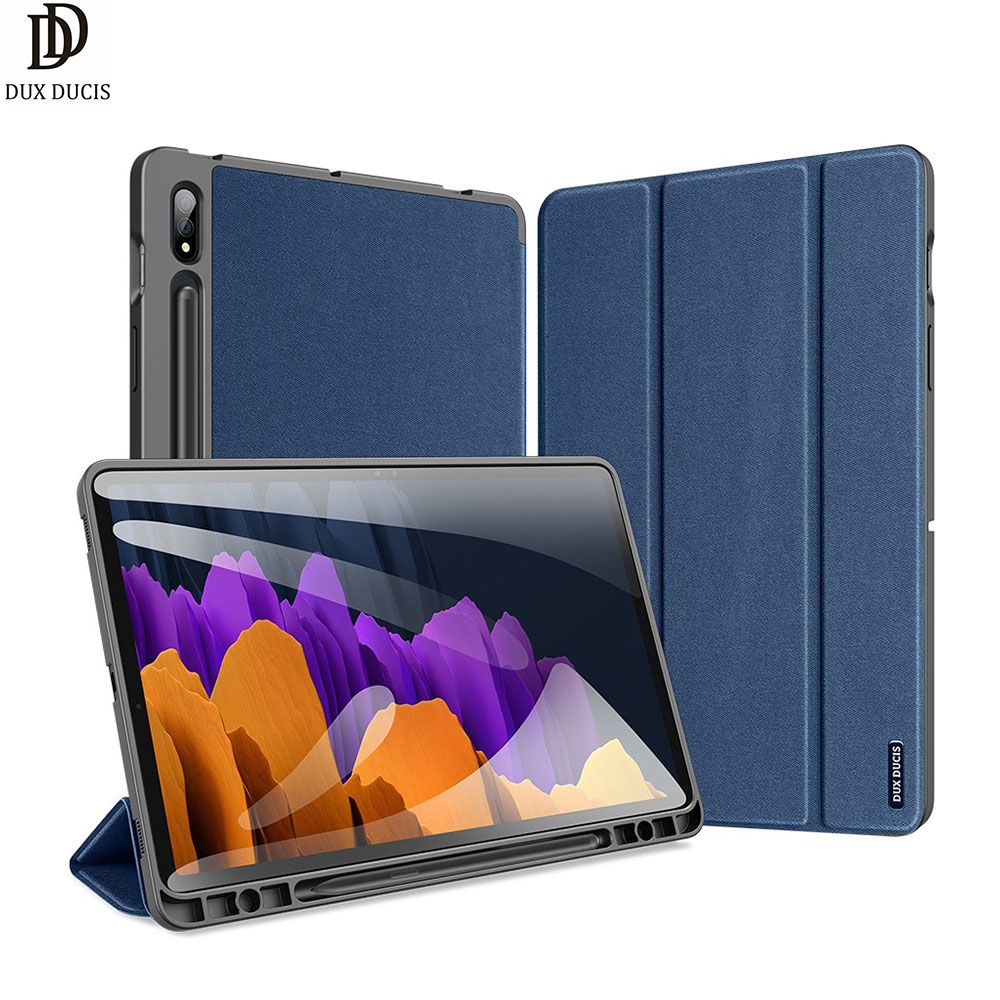 Samsung Galaxy Tab S7+ Plus Tasche Smart Cover Gummi Schutzhülle Stoff Design S-Pen Halterung - Dunkelblau