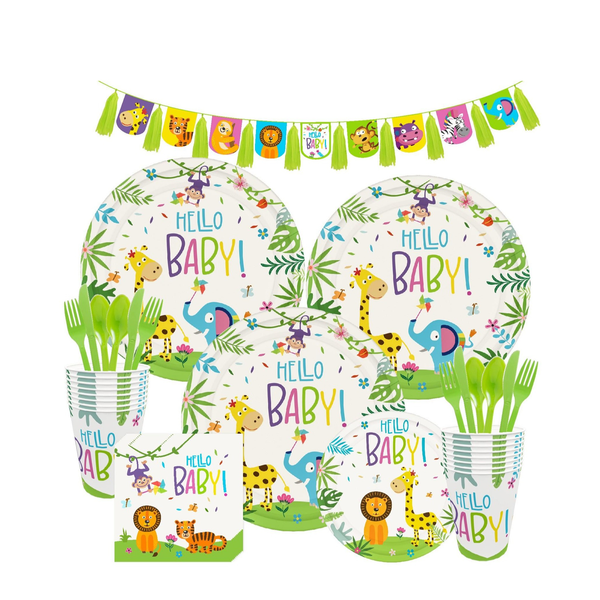 Image of (114-tlg. Set) Einweg Geschirr Baby Shower / Geburt Party Tisch Deko + Girlande - Hello Baby bei Apfelkiste.ch