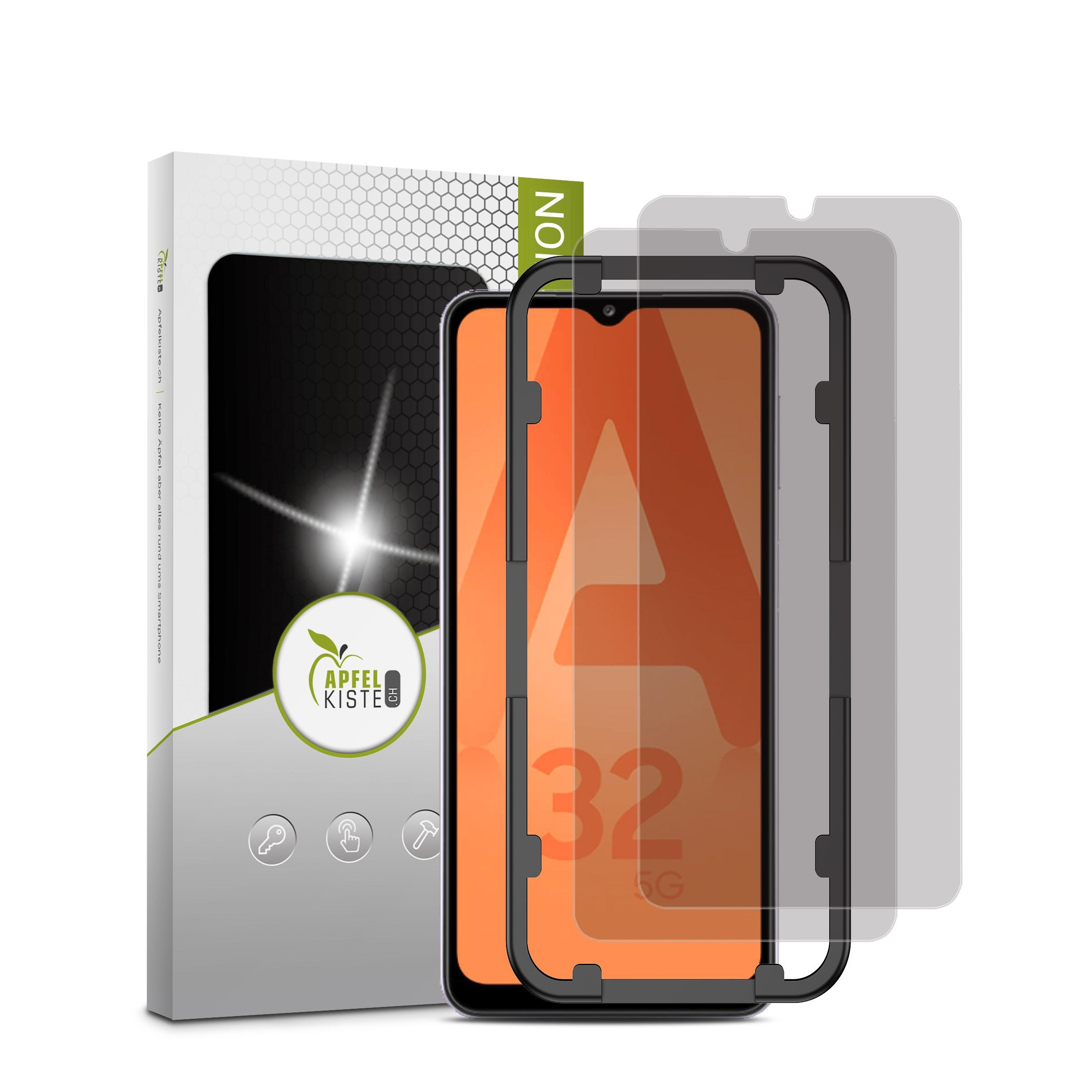 Image of Apfelkiste © - (2er Set) Samsung Galaxy A12 / A32 5G Privacy Panzer Glas Display Schutz + Montagerahmen Case Friendly 0.3mm bei Apfelkiste.ch