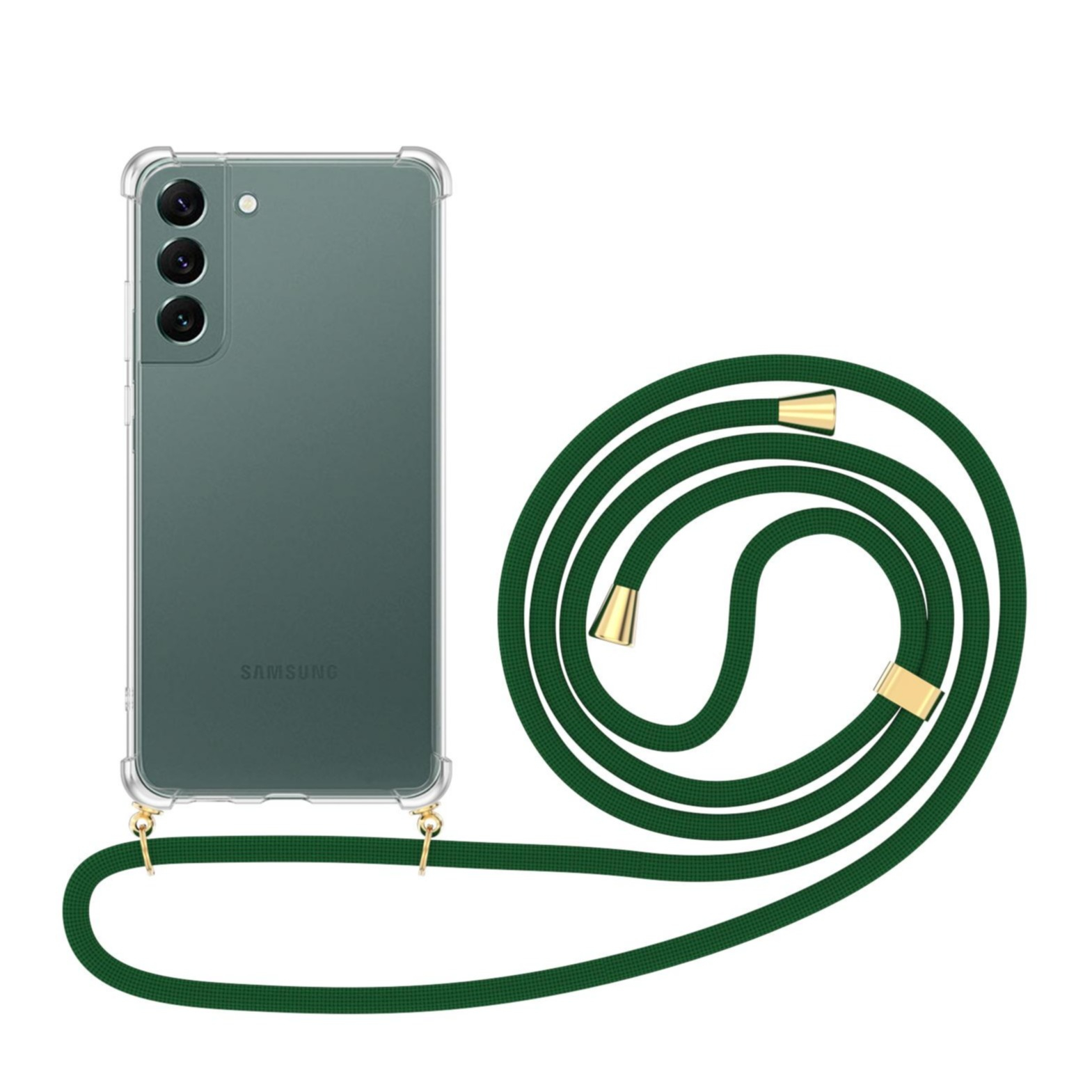 Image of Apfelkiste © - Samsung Galaxy S22+ Plus 5G Necklace Gummi Hülle Air Cushion Fallschutz + Handykette (150cm) - Grün / Gold bei Apfelkiste.ch