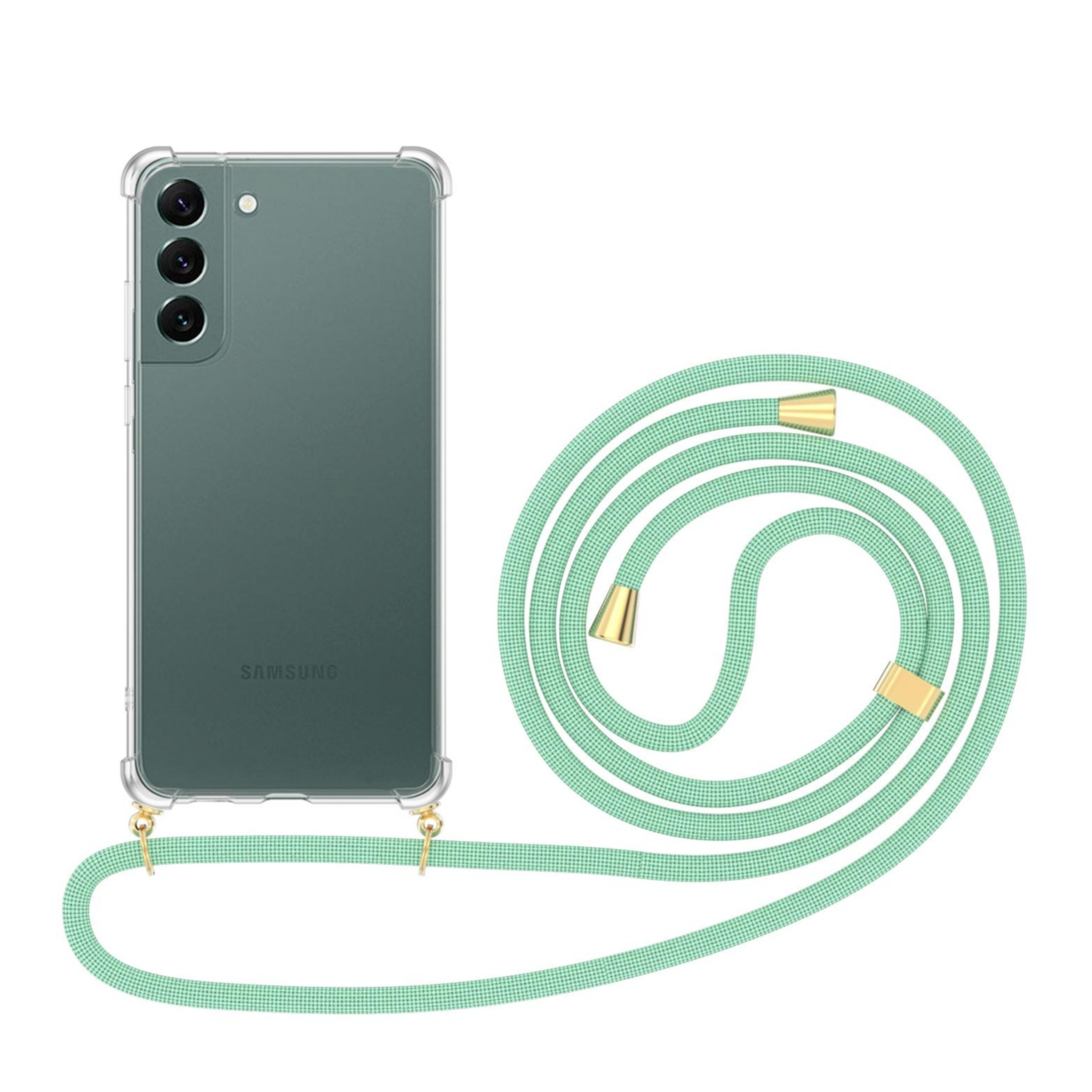 Image of Apfelkiste © - Samsung Galaxy S22+ Plus 5G Necklace Gummi Hülle Air Cushion Fallschutz + Handykette (150cm) - Türkis / Gold bei Apfelkiste.ch