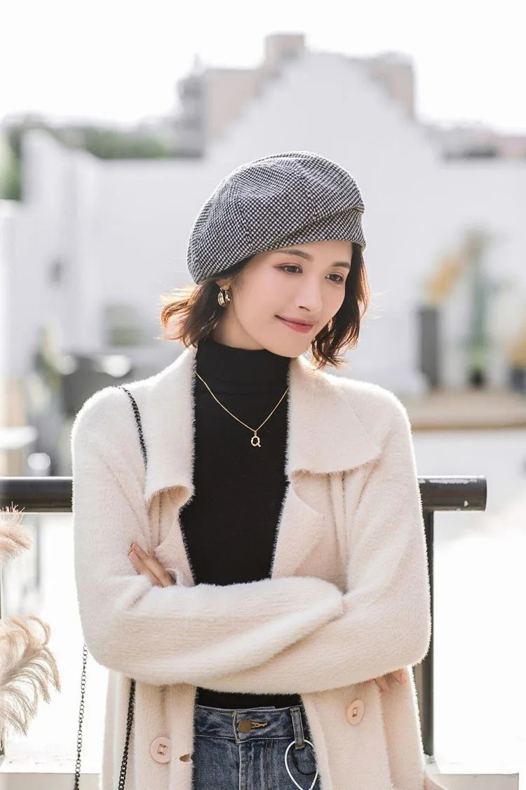 Damen Barett Winter - Retro Achteckiger Hut In Schwarz