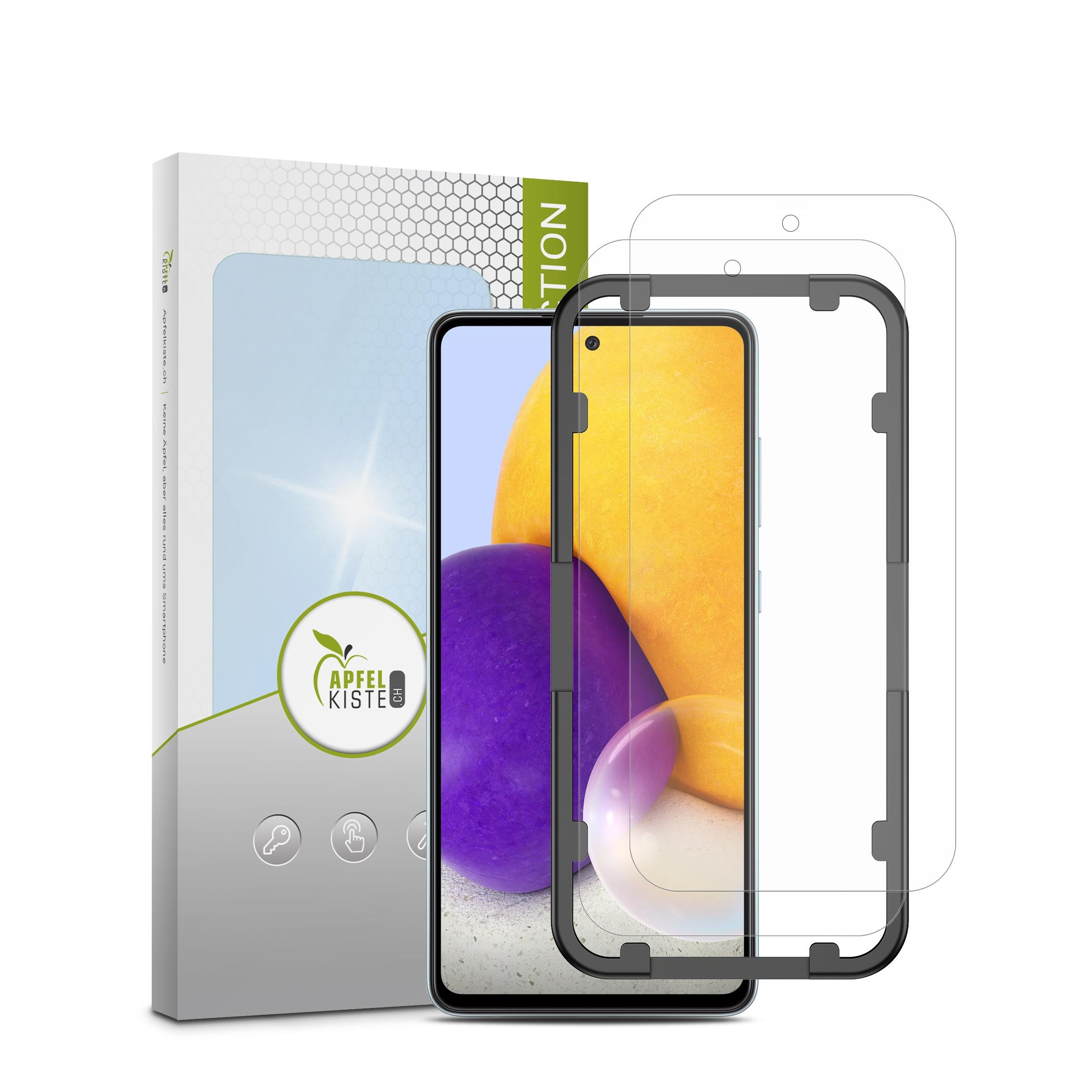 Image of Apfelkiste © - (2er Set) Samsung Galaxy A72 / A72 5G Panzer Glas Display Schutz + Montagerahmen Case Friendly 0.3mm bei Apfelkiste.ch