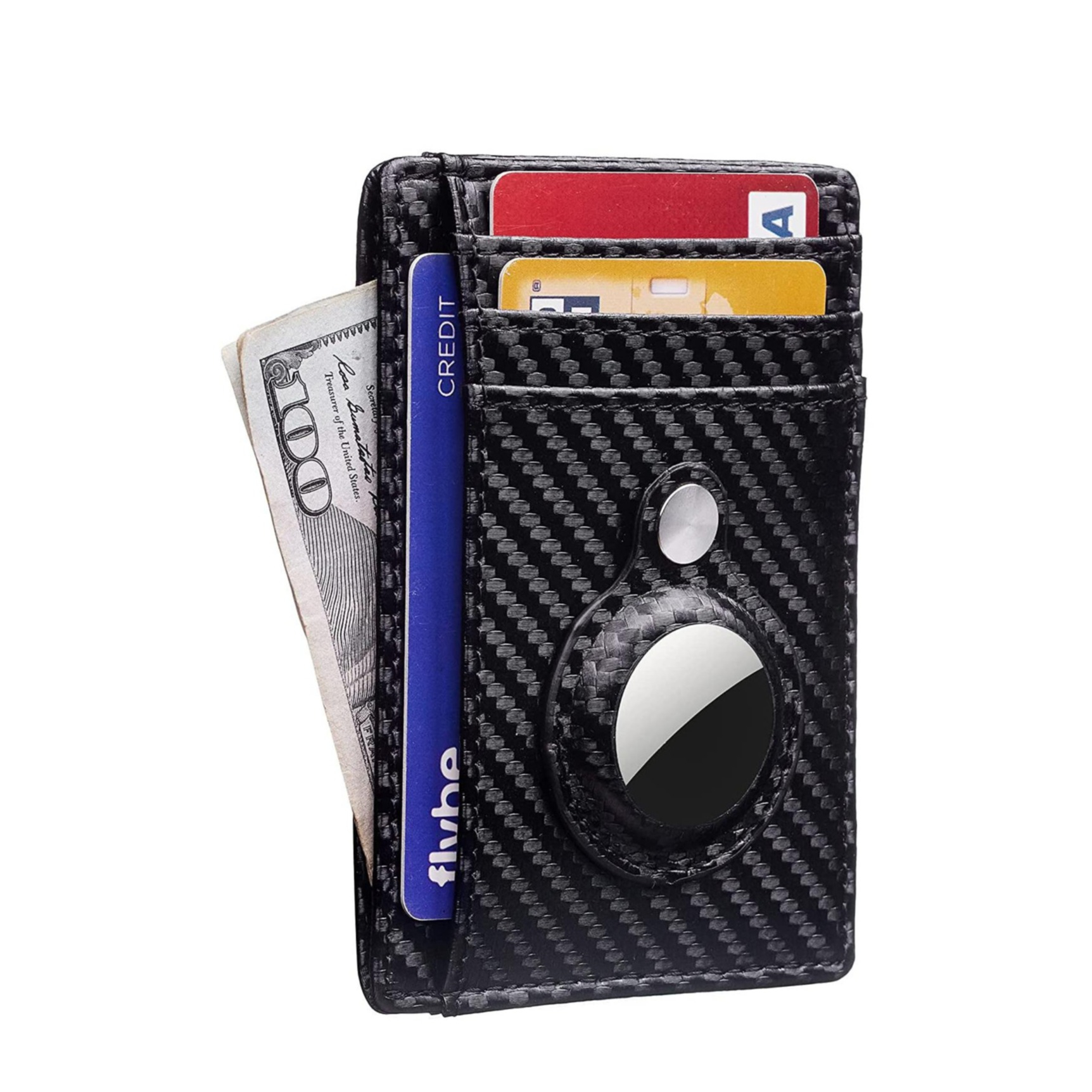 Image of Apple AirTag Wallet Mini Kreditkarten Leder Etui Geldbörse für 8 Karten - Schwarz (Carbon Optik) bei Apfelkiste.ch