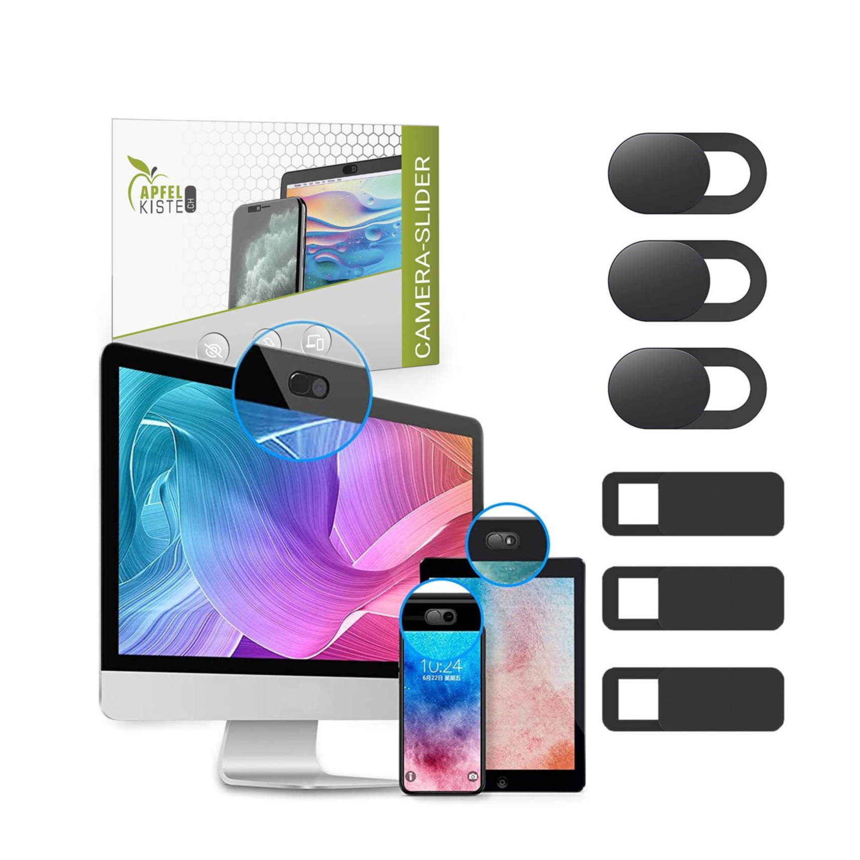 Image of Apfelkiste © - (6er Set) Privatsphären Front Kamera Abdeckung Webcam Cover Schutz Sticker mit Slider - Schwarz bei Apfelkiste.ch