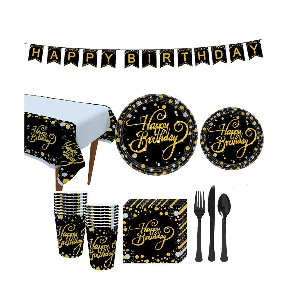 Image of (118-tlg. Set) Einweg Geschirr Geburtstags Party Tisch Deko + Girlande - Schwarz / Gold bei Apfelkiste.ch