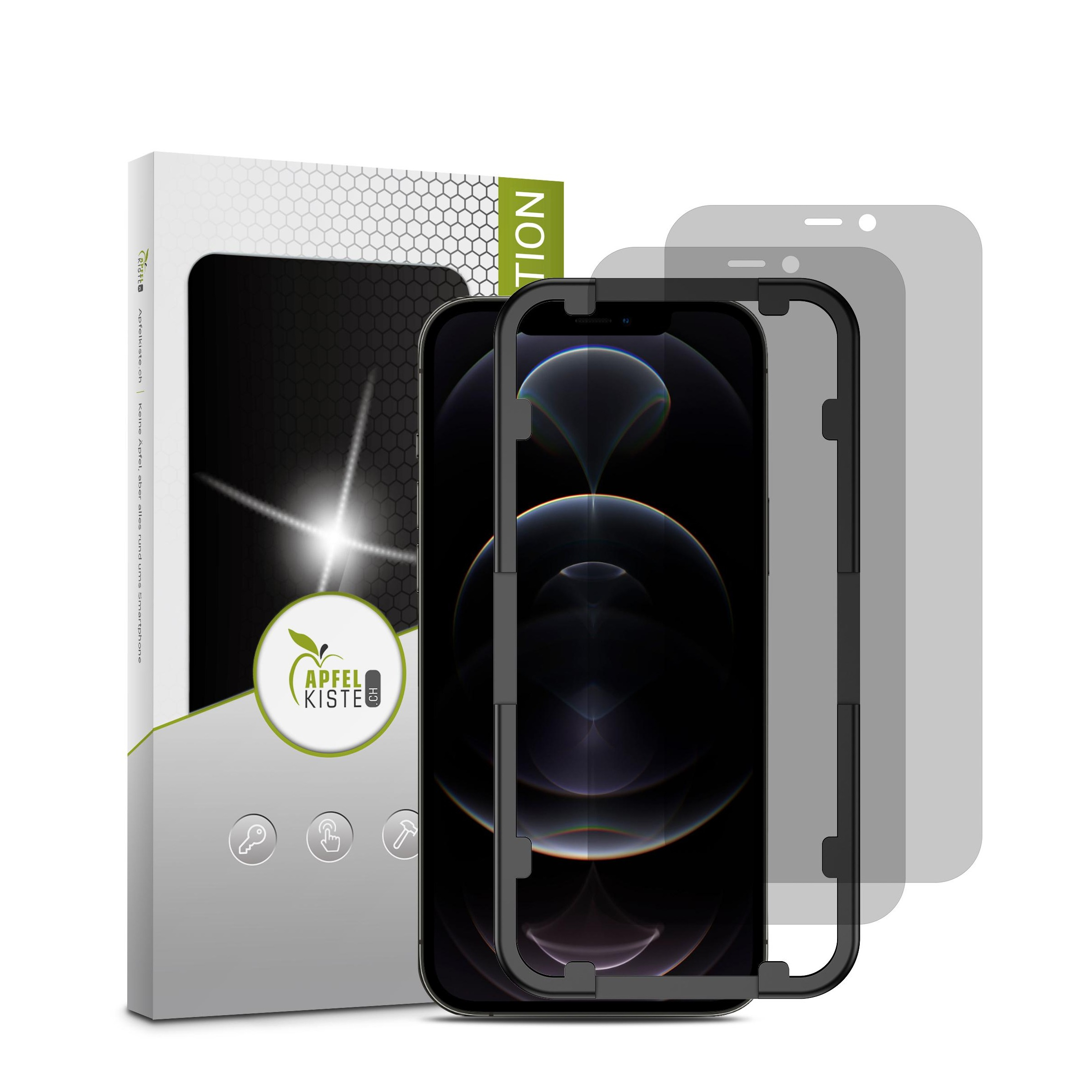 Image of Apfelkiste © - (2er Set) iPhone 12 / iPhone 12 Pro Privacy Panzer Glas Display + Montagerahmen Case Friendly 0.3mm bei Apfelkiste.ch