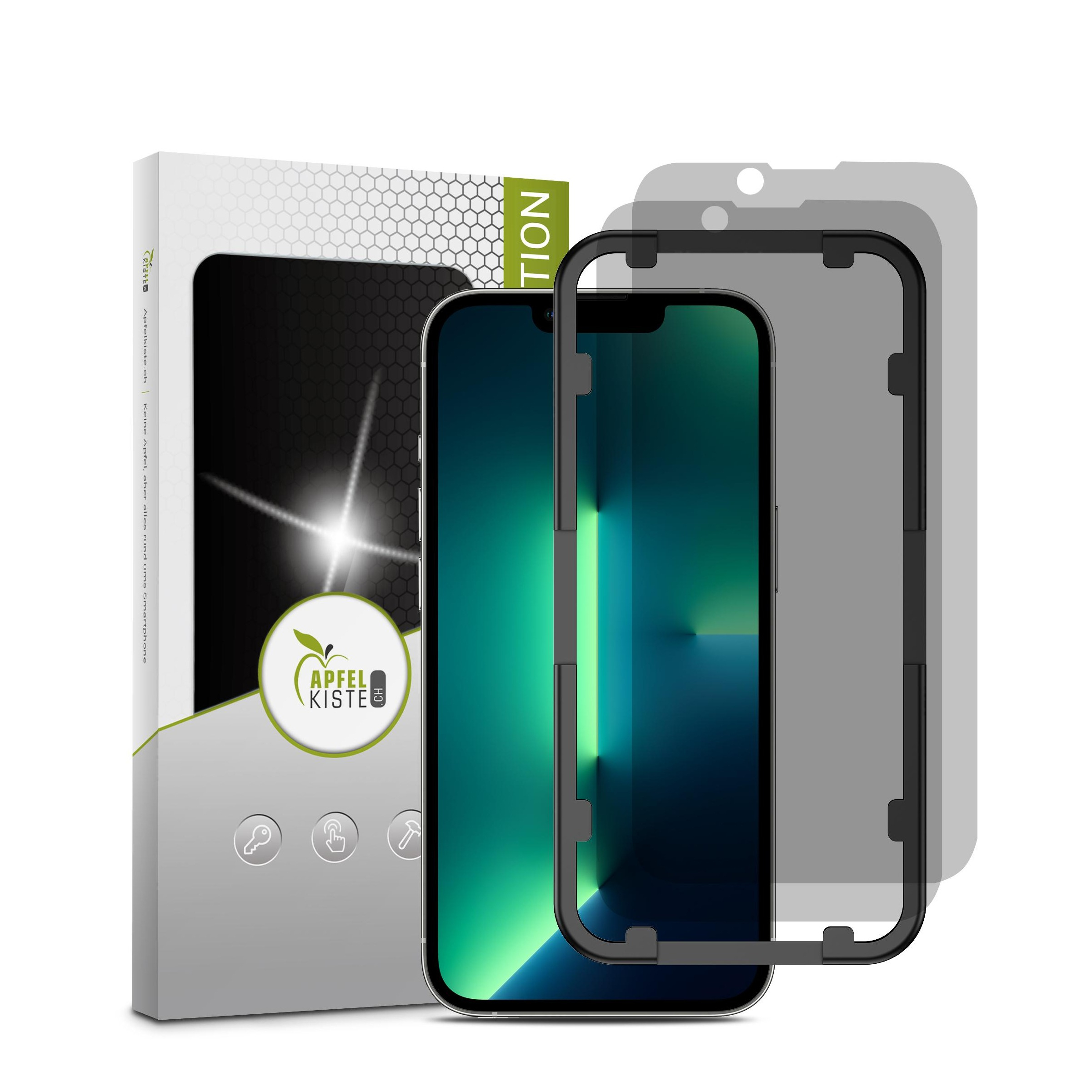 Image of Apfelkiste © - (2er Set) iPhone 13 Pro Max Privacy Panzer Glas Display + Montagerahmen Case Friendly 0.3mm bei Apfelkiste.ch