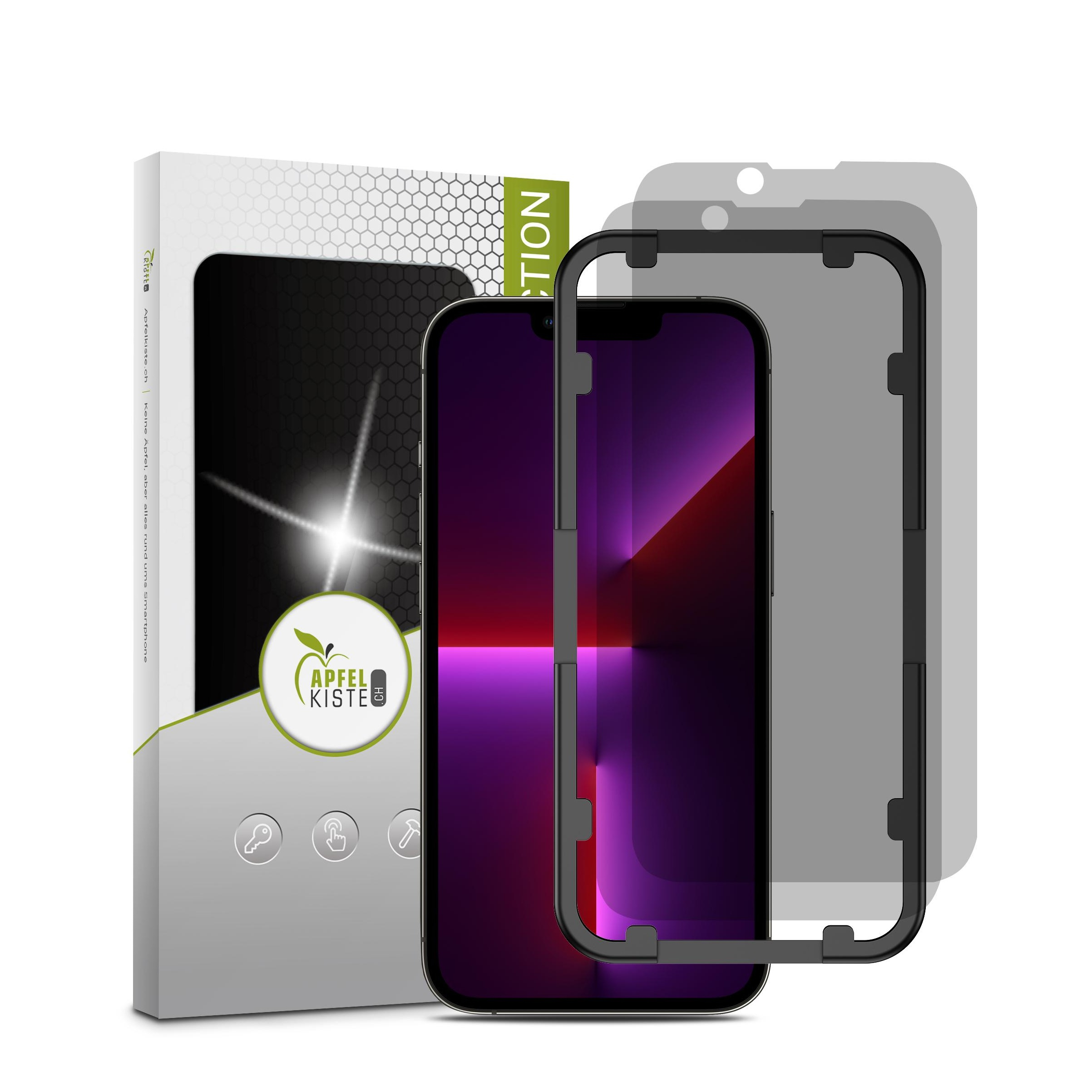 Image of Apfelkiste © - (2er Set) iPhone 13 / iPhone 13 Pro Privacy Panzer Glas Display + Montagerahmen Case Friendly 0.3mm bei Apfelkiste.ch
