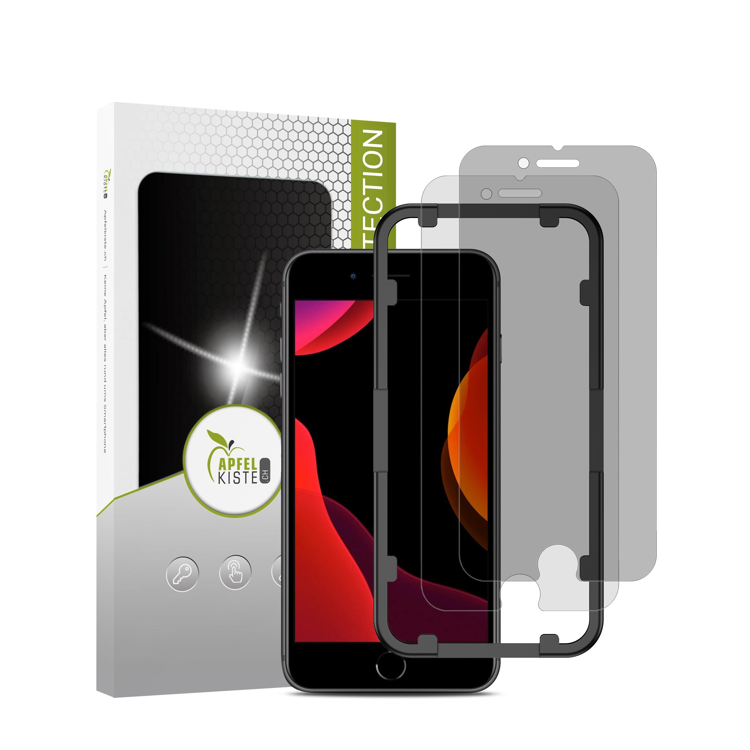 Image of Apfelkiste © - (2er Set) iPhone SE (2022/2020) / 8 / 7 / 6S Privacy Panzer Glas Display + Montagerahmen Case Friendly 0.3mm bei Apfelkiste.ch