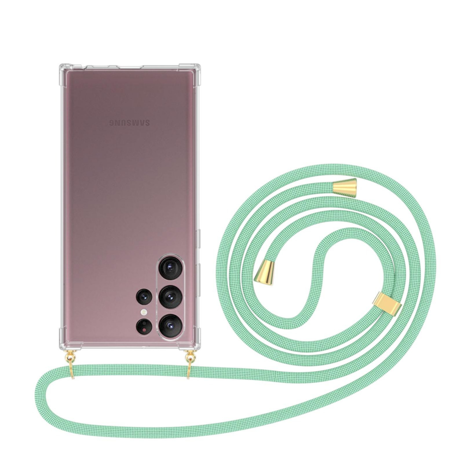 Image of Apfelkiste © - Samsung Galaxy S22 Ultra 5G Necklace Gummi Hülle Air Cushion Fallschutz + Handykette (150cm) - Türkis / Gold bei Apfelkiste.ch