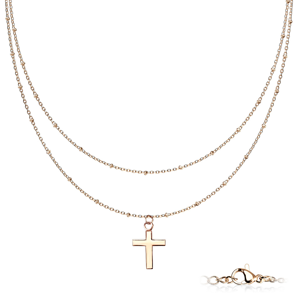 Image of Zweireihige Edelstahl Damen Halskette mit Anhänger Kreuz - Roségold bei Apfelkiste.ch