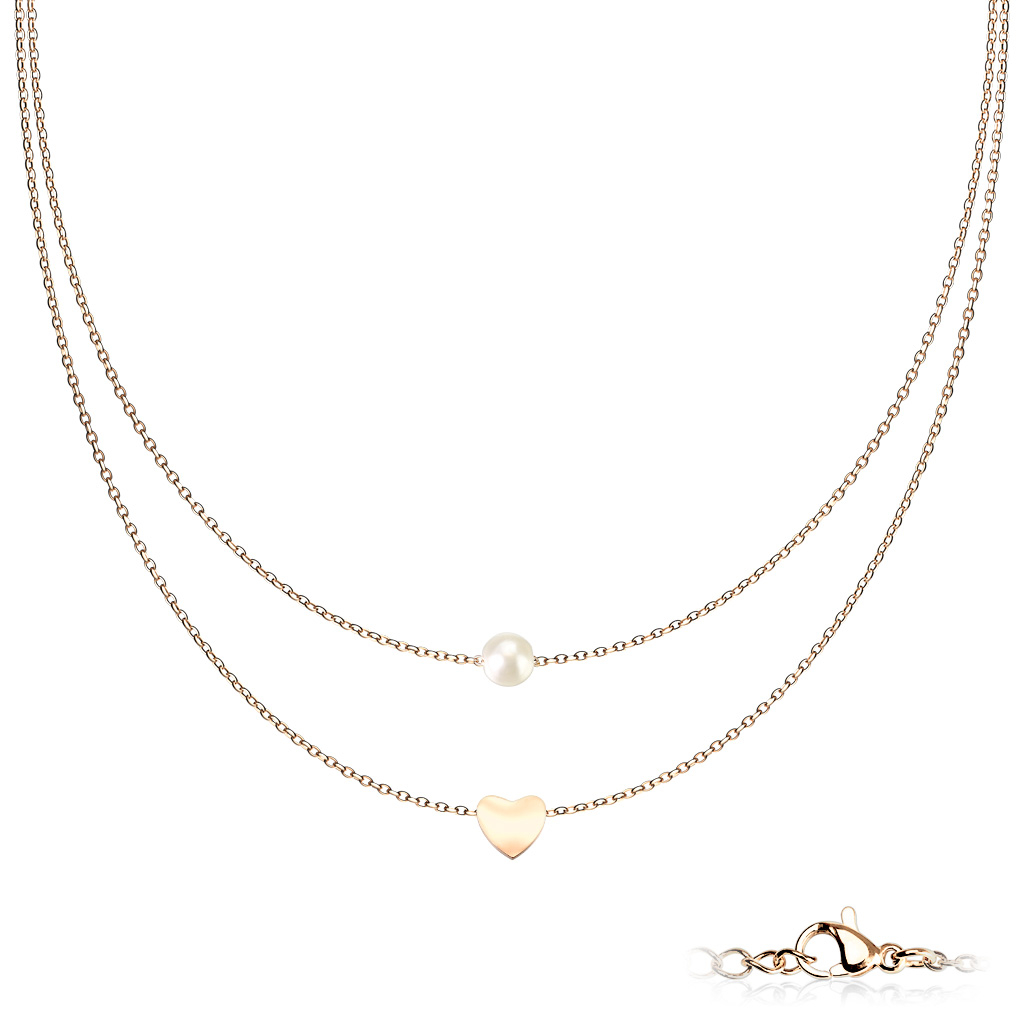 Image of Zweireihige Edelstahl Damen Halskette mit Anhänger Herz + Perle - Roségold bei Apfelkiste.ch